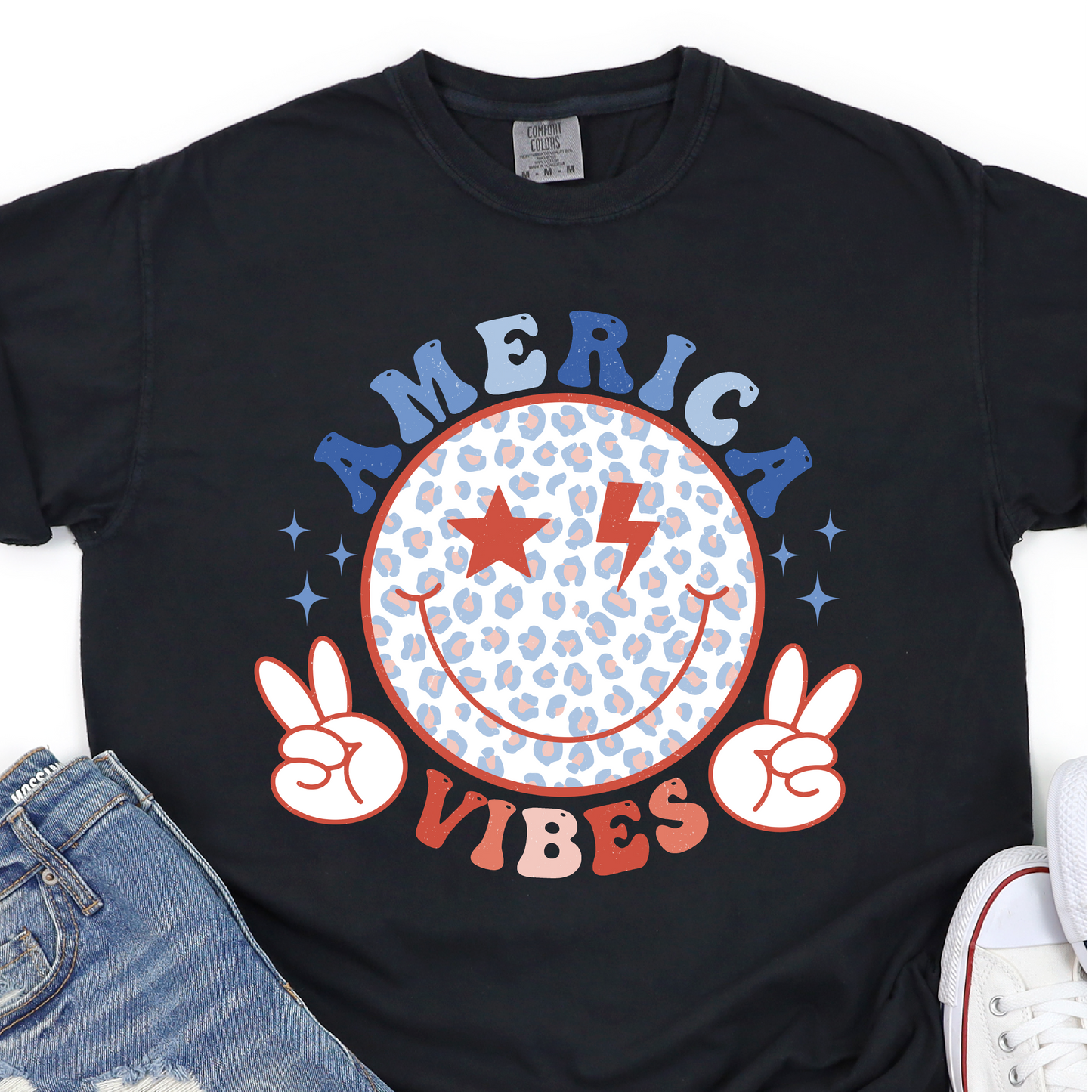 America Vibes - Leopard Retro SMiley- 4th of July Graphic Tshirt -  Independence Day Shirt