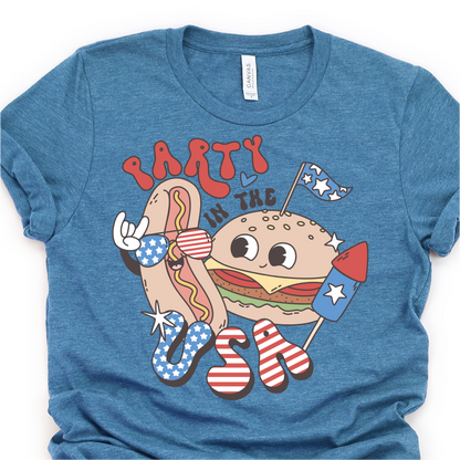 Party in The USA - Cute Hamburger and Hot Dog - 4th of July Graphic Tshirt -  Independence Day Shirt