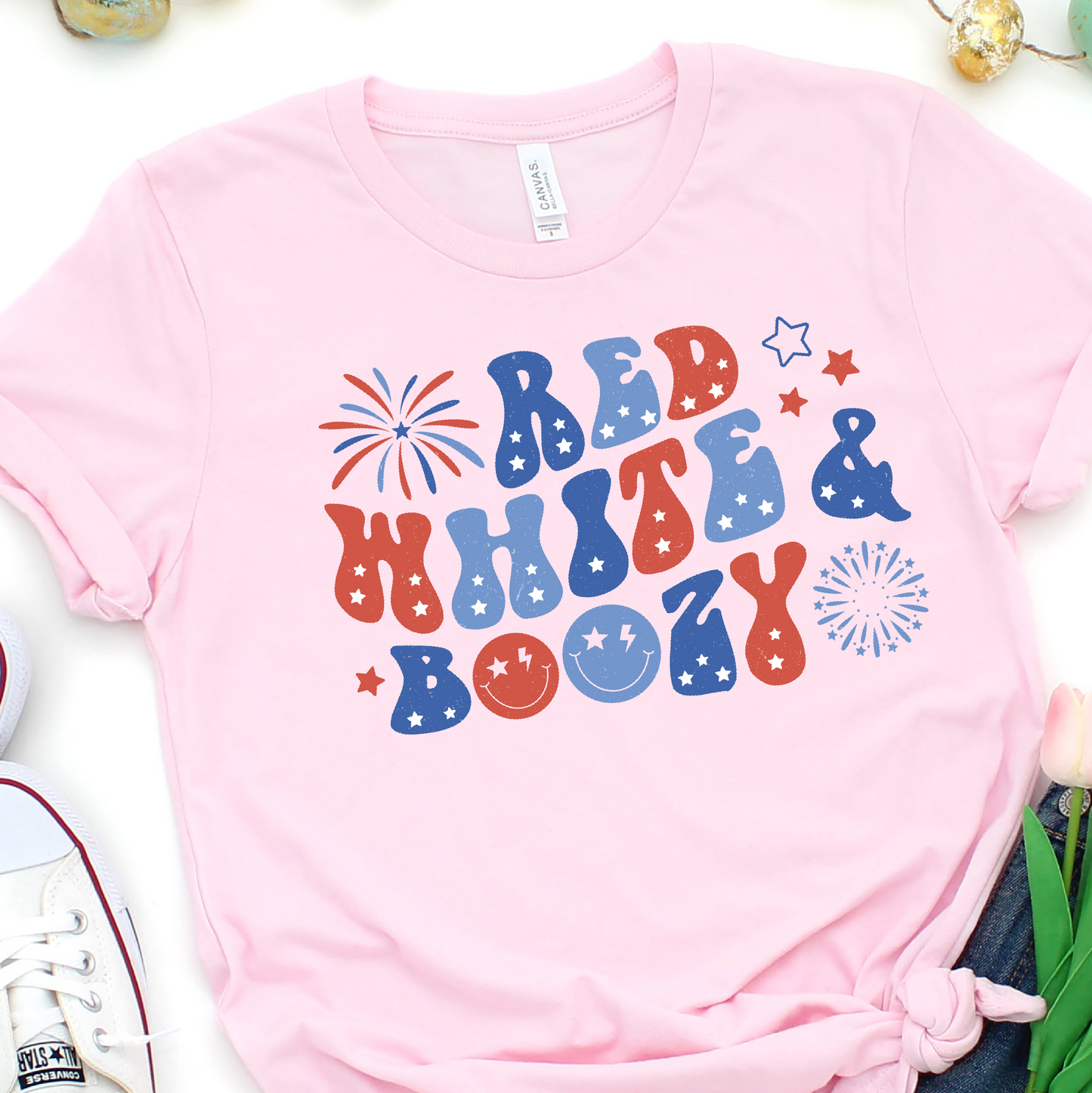 Red White and Boozy - Fireworks and Smiley Faces - 4th of July Graphic Tshirt -  Independence Day Shirt