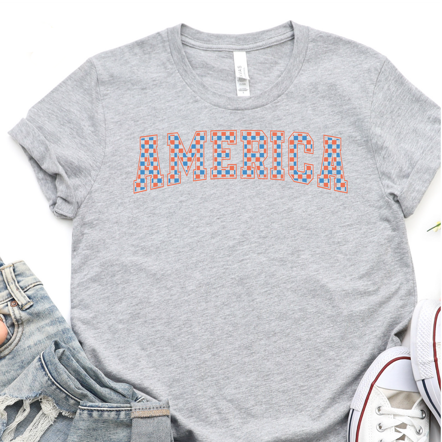 Red and Blue Checker - Amaerica - 4th of July Graphic Tshirt -  Independence Day Shirt