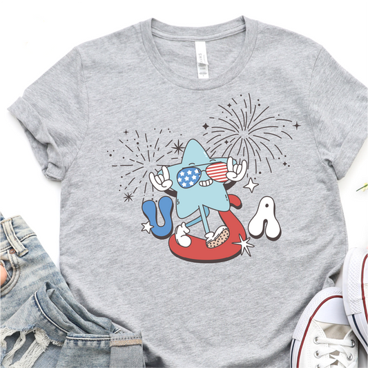 Cool Retro Star - USA - Fireworks - 4th of July Graphic Tshirt -  Independence Day Shirt