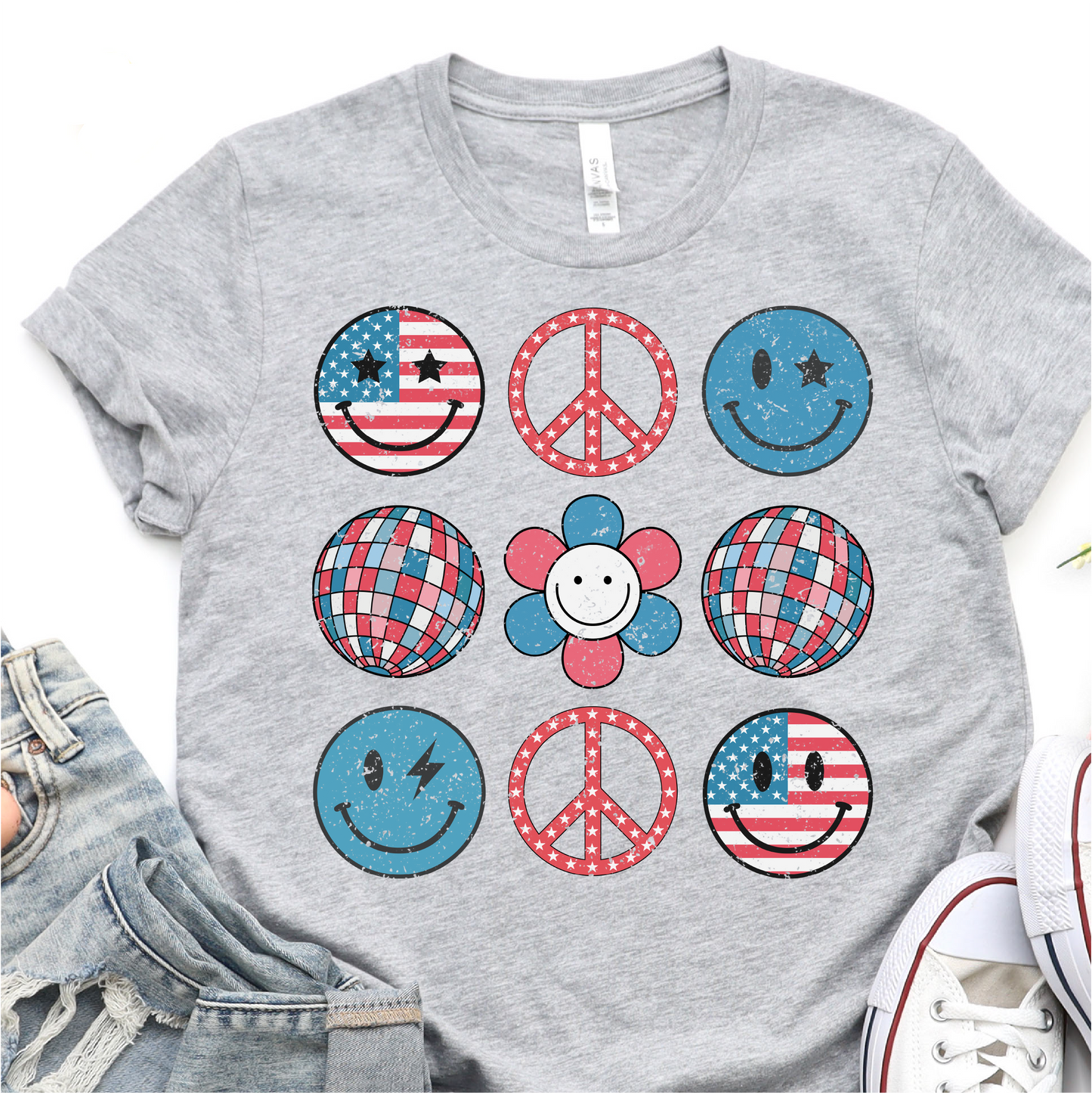 Cute Retro Smiley - Disco Balls - Red White And Blue- 4th of July Graphic Tshirt -  Independence Day Shirt