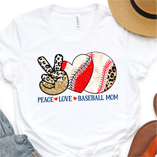 Peace, Love and Baseball Mom - Baseball Graphic Tshirt