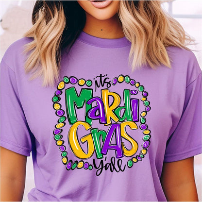 Purple, Green and Gold Beads with Hand Lettered Mardi Gras Y'all DTF Transfer Print, T-Shirt Transfer - Nashville Design House